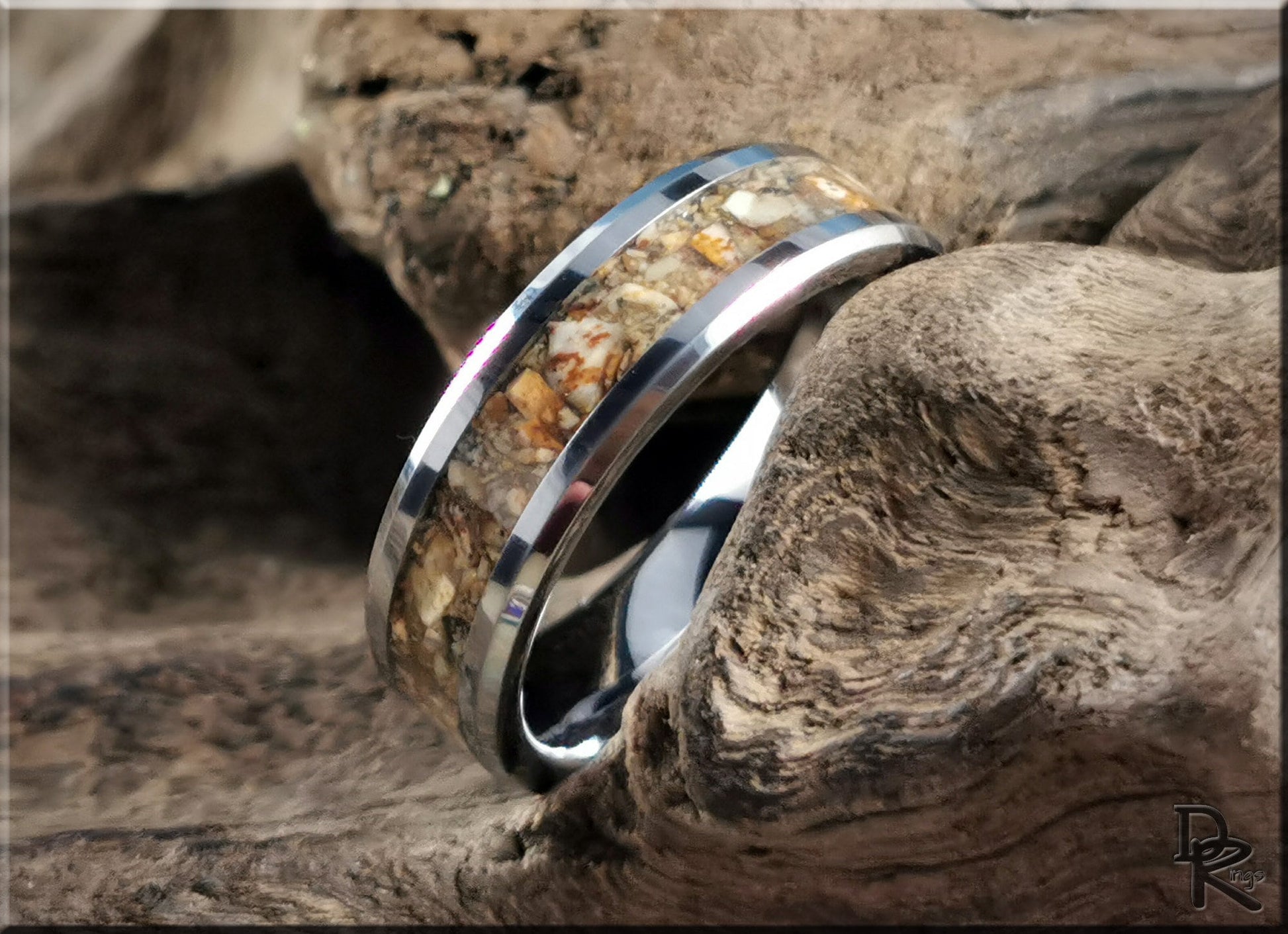 Tungsten Carbide Channel Ring w/Picture Jasper Stone inlay - metal ring