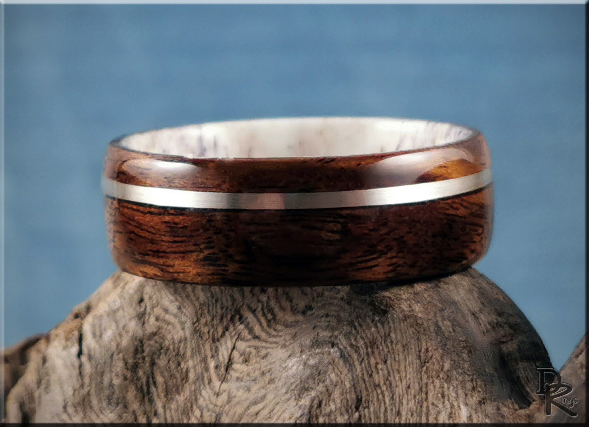 Bentwood Ring - Imbuya Pomelle w/offset Sterling Silver inlay on deer antler ring core - wood ring