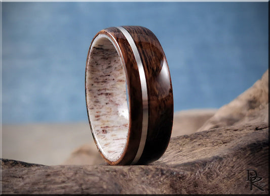 Bentwood Ring - Imbuya Pomelle w/offset Sterling Silver inlay on deer antler ring core - wood ring