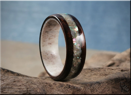 Bentwood Ring - Smoked Etimoe w/Japanese Abalone Shell inlay on deer antler ring core - wood ring