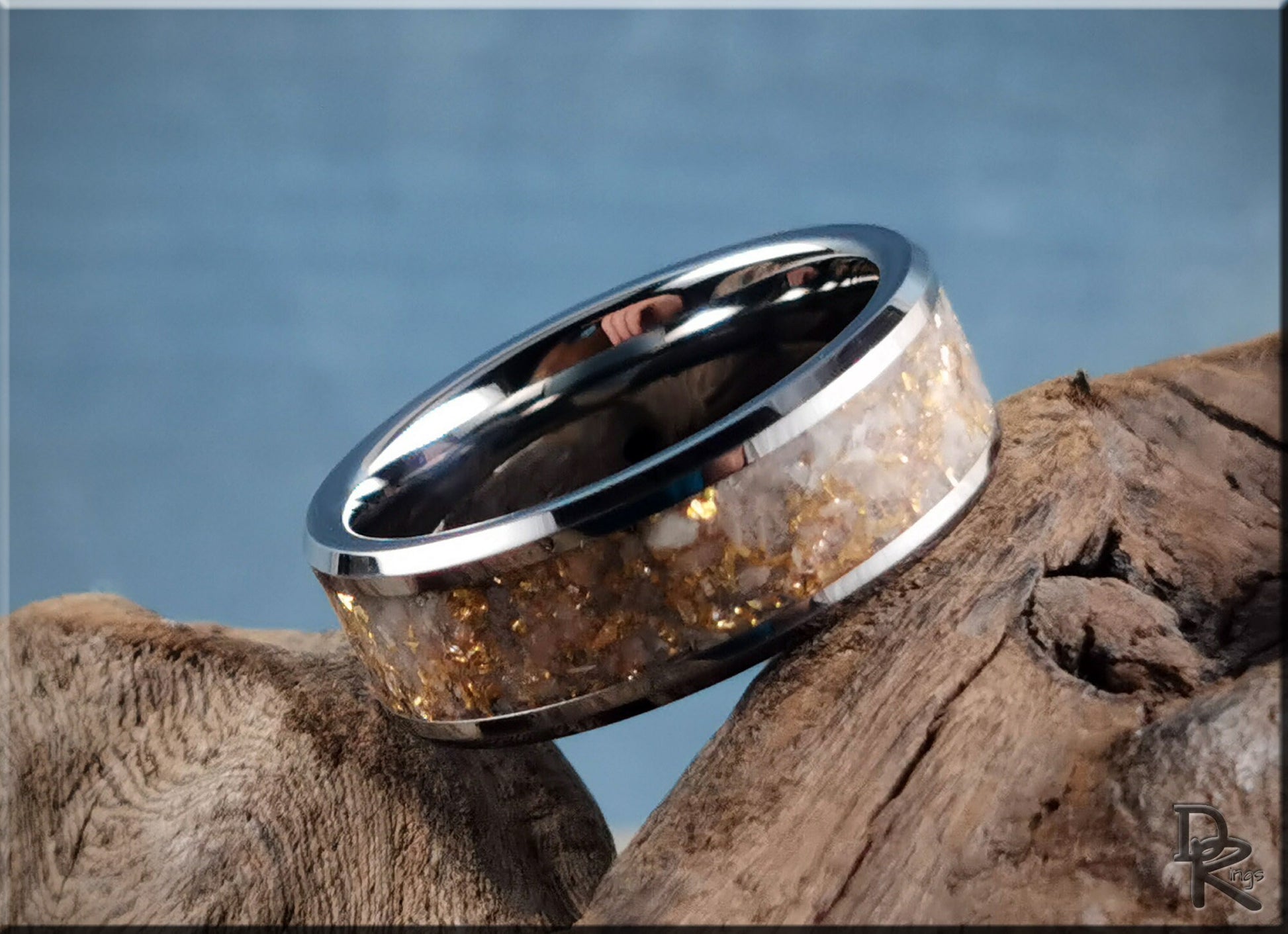 Tungsten Carbide Channel Ring w/Rainbow Moonstone and 14ct Gold German Glass inlay - metal ring