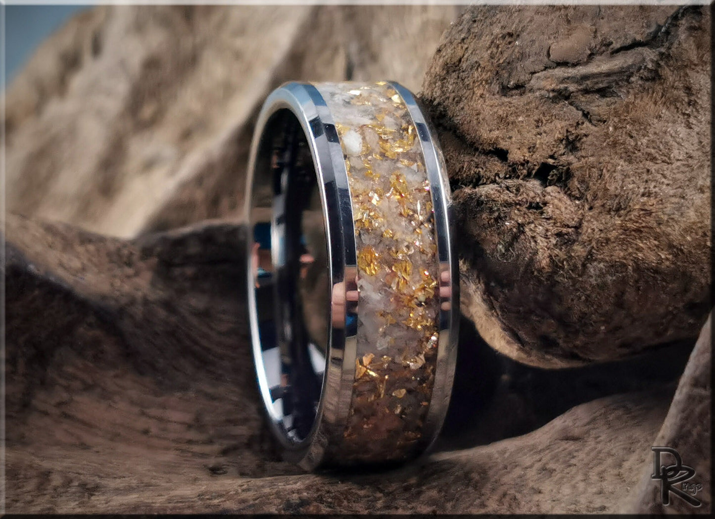 Tungsten Carbide Channel Ring w/Rainbow Moonstone and 14ct Gold German Glass inlay - metal ring