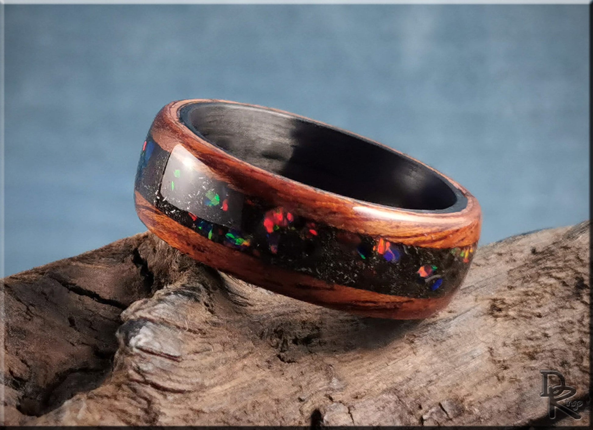 Bentwood Ring - Honduran Mahogany w\Munionalusta Meteorite and Opal inlay, on Carbon Fiber ring core - wood ring