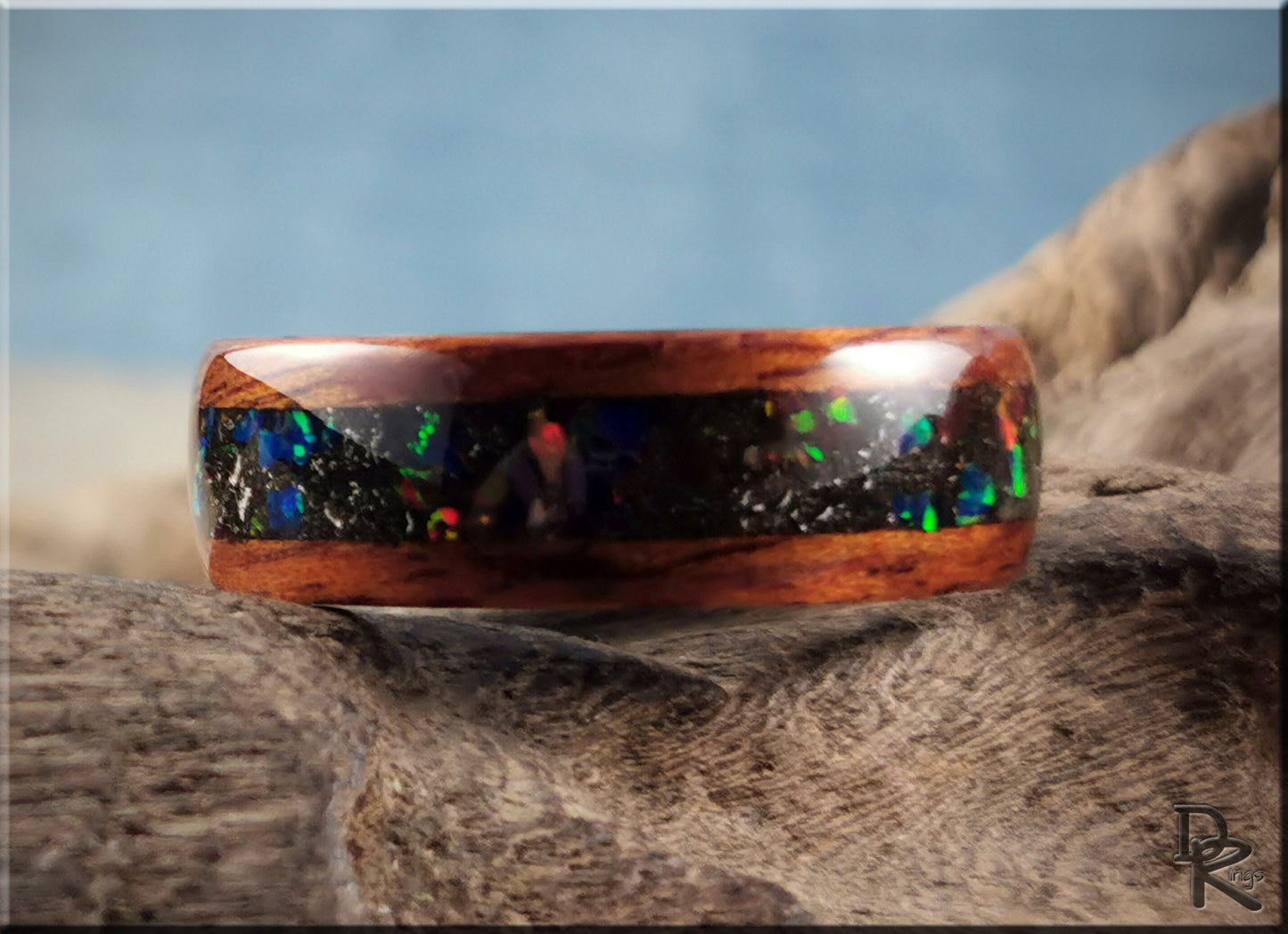 Bentwood Ring - Honduran Mahogany w\Munionalusta Meteorite and Opal inlay, on Carbon Fiber ring core - wood ring