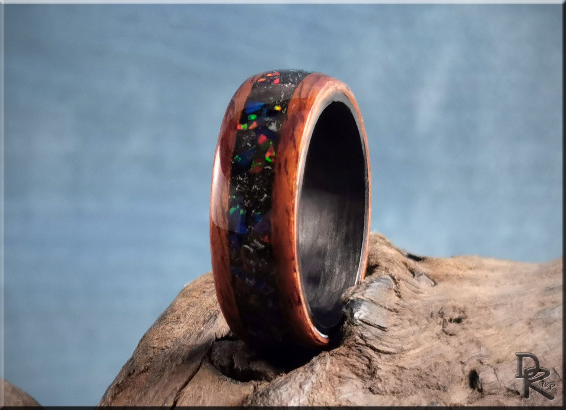 Bentwood Ring - Honduran Mahogany w\Munionalusta Meteorite and Opal inlay, on Carbon Fiber ring core - wood ring