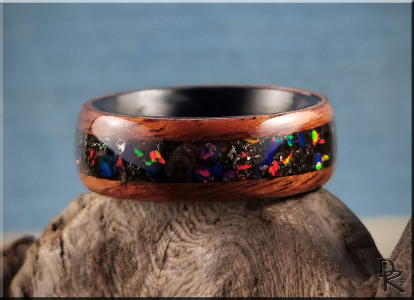 Bentwood Ring - Honduran Mahogany w\Munionalusta Meteorite and Opal inlay, on Carbon Fiber ring core - wood ring