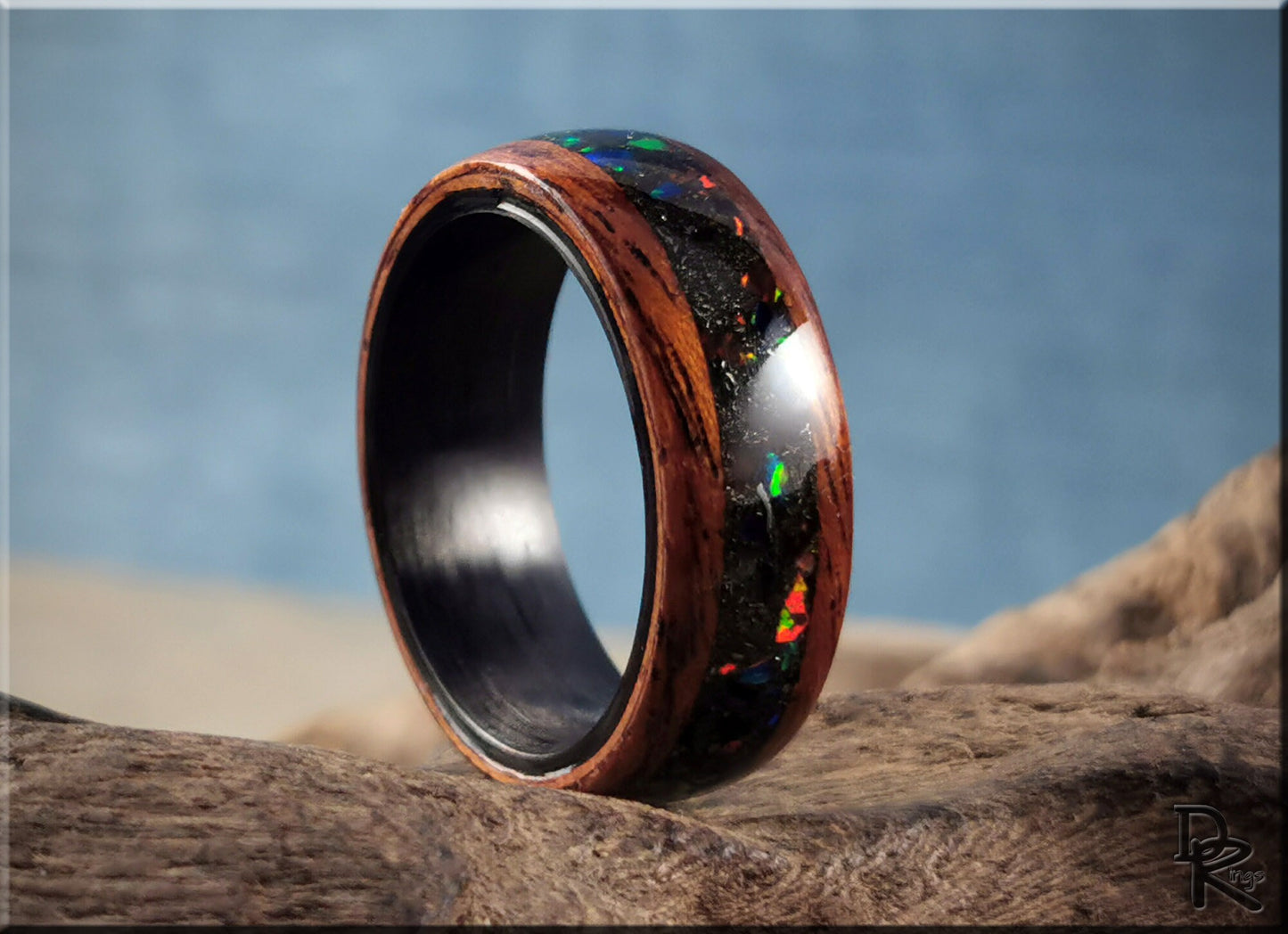 Bentwood Ring - Honduran Mahogany w\Munionalusta Meteorite and Opal inlay, on Carbon Fiber ring core - wood ring