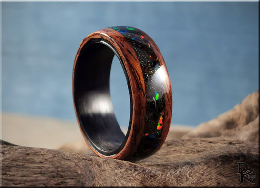 Bentwood Ring - Honduran Mahogany w\Munionalusta Meteorite and Opal inlay, on Carbon Fiber ring core - wood ring