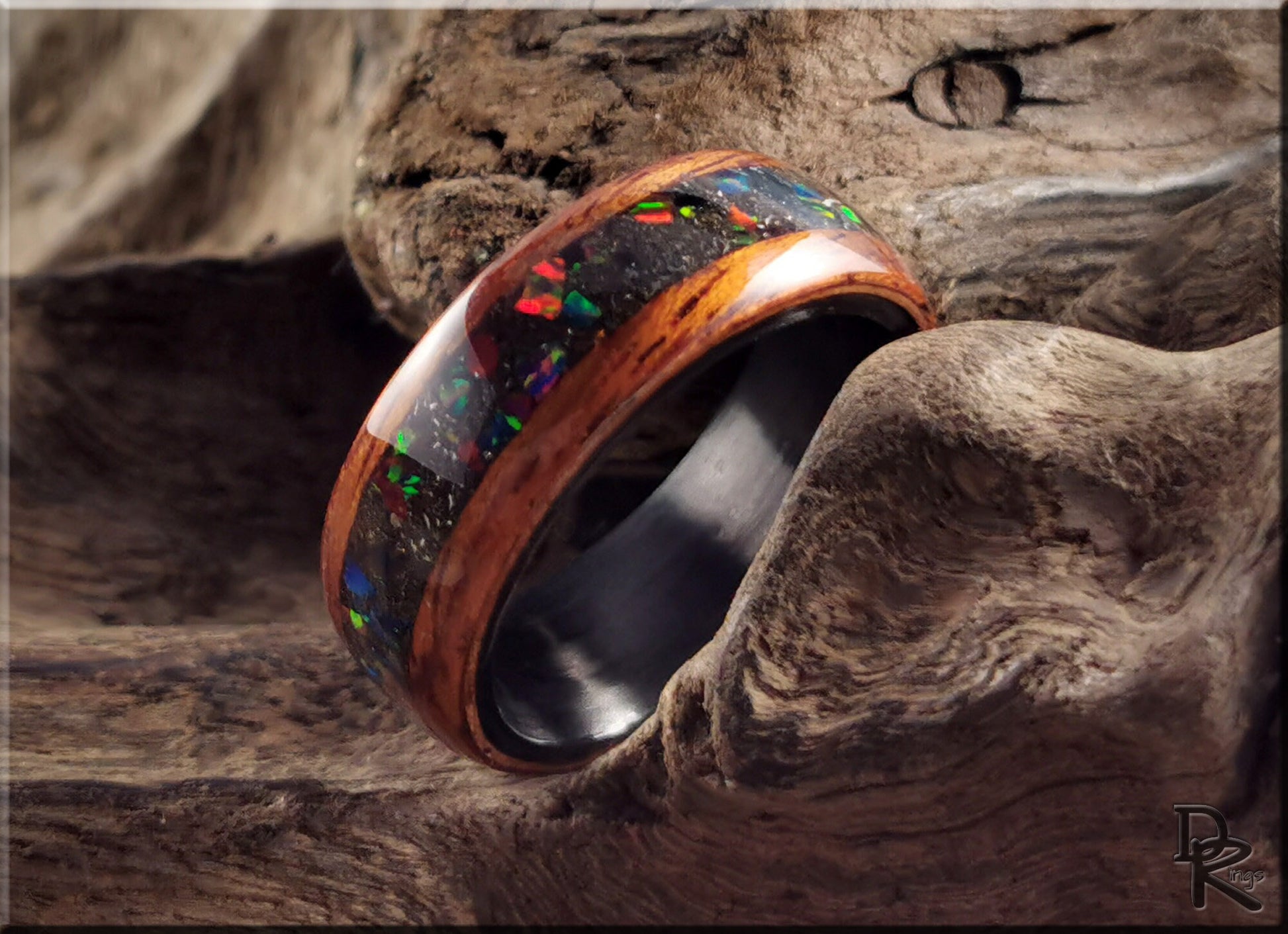 Bentwood Ring - Honduran Mahogany w\Munionalusta Meteorite and Opal inlay, on Carbon Fiber ring core - wood ring