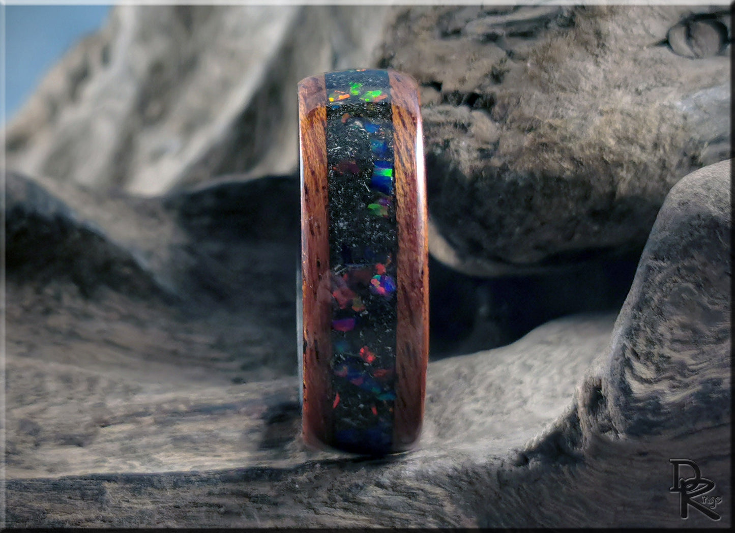 Bentwood Ring - Honduran Mahogany w\Munionalusta Meteorite and Opal inlay, on Carbon Fiber ring core - wood ring