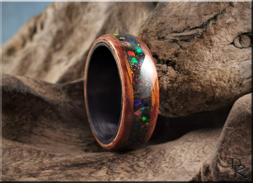 Bentwood Ring - Honduran Mahogany w\Munionalusta Meteorite and Opal inlay, on Carbon Fiber ring core - wood ring