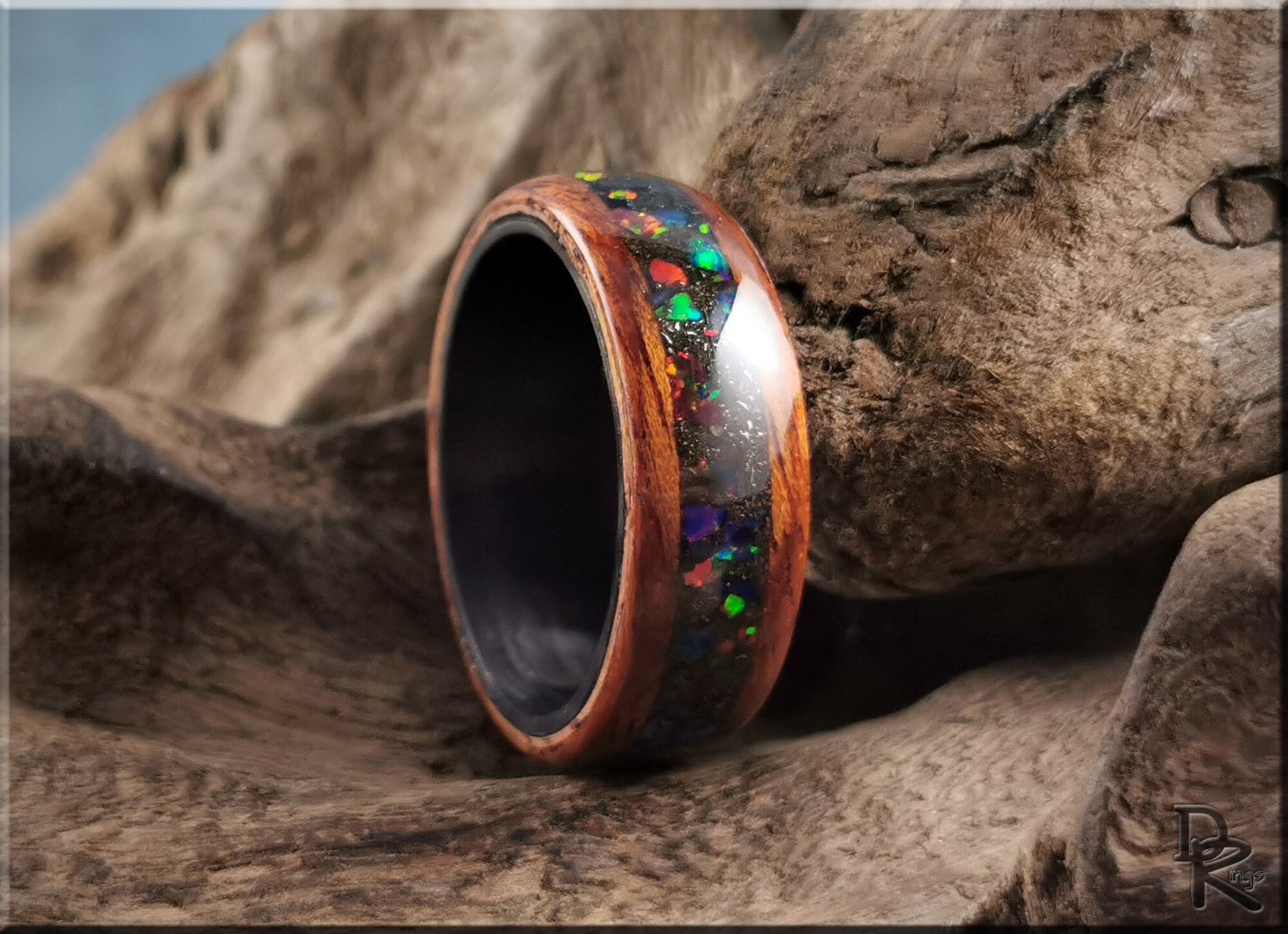 Bentwood Ring - Honduran Mahogany w\Munionalusta Meteorite and Opal inlay, on Carbon Fiber ring core - wood ring