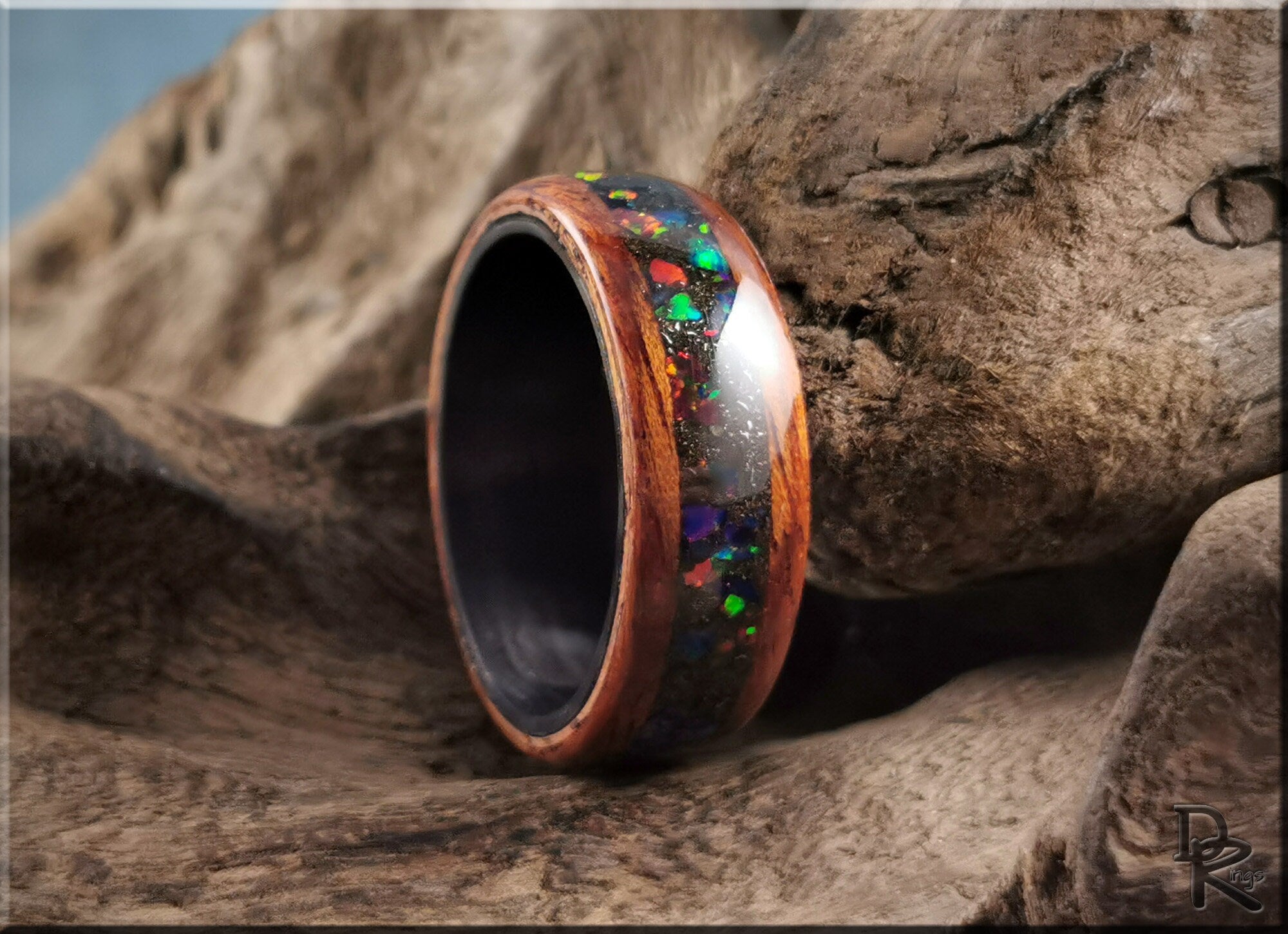 Bentwood Ring - Honduran Mahogany w\Munionalusta Meteorite and Opal inlay, on Carbon Fiber ring core - wood ring