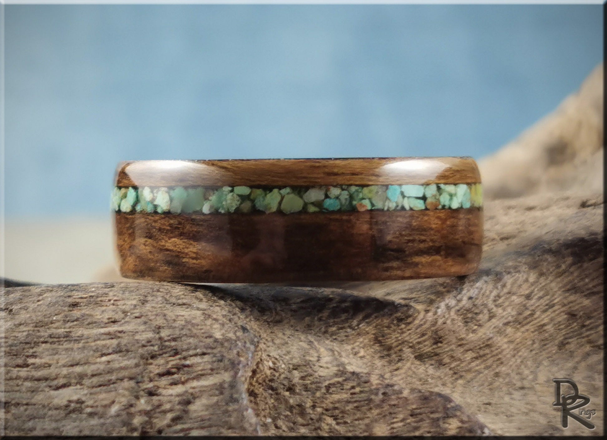 Bentwood Ring - Rustic French Walnut w\offset Green Turquoise inlay, on Carbon Fiber ring core - wood ring