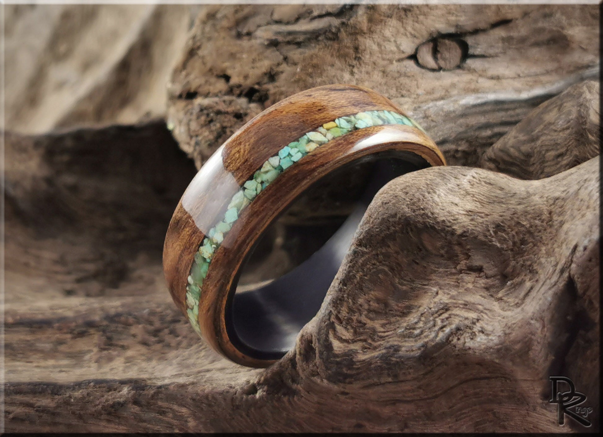 Bentwood Ring - Rustic French Walnut w\offset Green Turquoise inlay, on Carbon Fiber ring core - wood ring