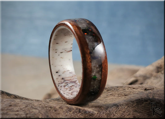 Bentwood Ring - Fumed Aspen w/White Aventurine and Opal inlay on deer antler ring core - wood ring
