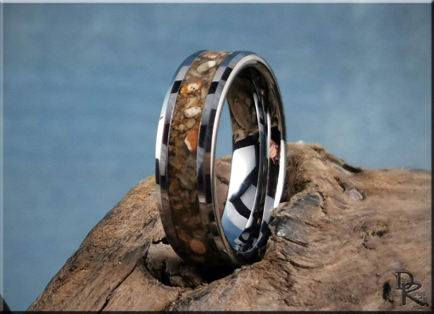 Tungsten Carbide Channel Ring w/Picture Jasper Stone inlay - metal ring