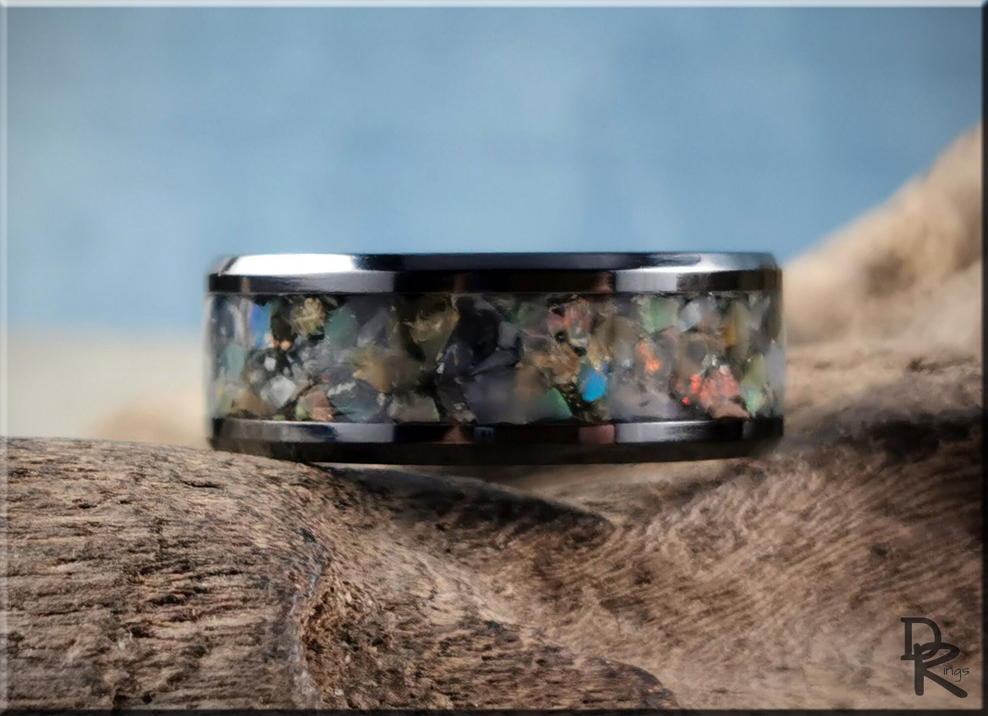 Polished Black Ceramic Channel Ring w/Moonstone and Ethiopian Welo Opal inlay - ceramic ring