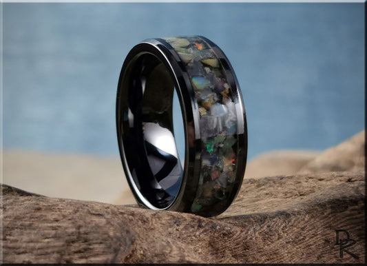 Polished Black Ceramic Channel Ring w/Moonstone and Ethiopian Welo Opal inlay - ceramic ring