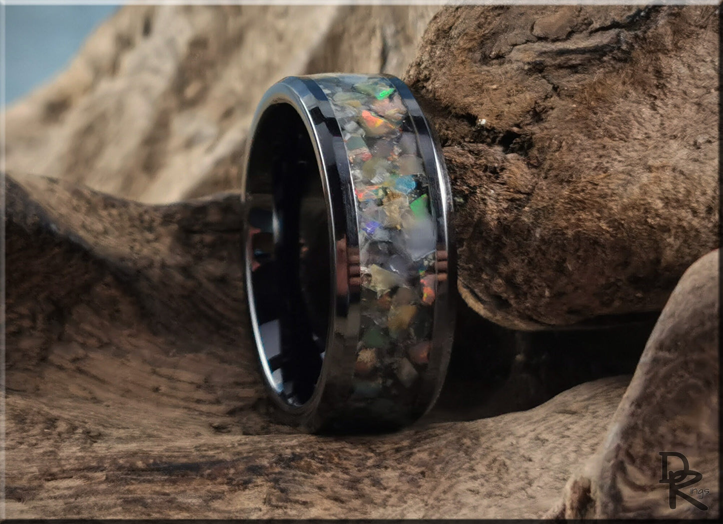 Polished Black Ceramic Channel Ring w/Moonstone and Ethiopian Welo Opal inlay - ceramic ring