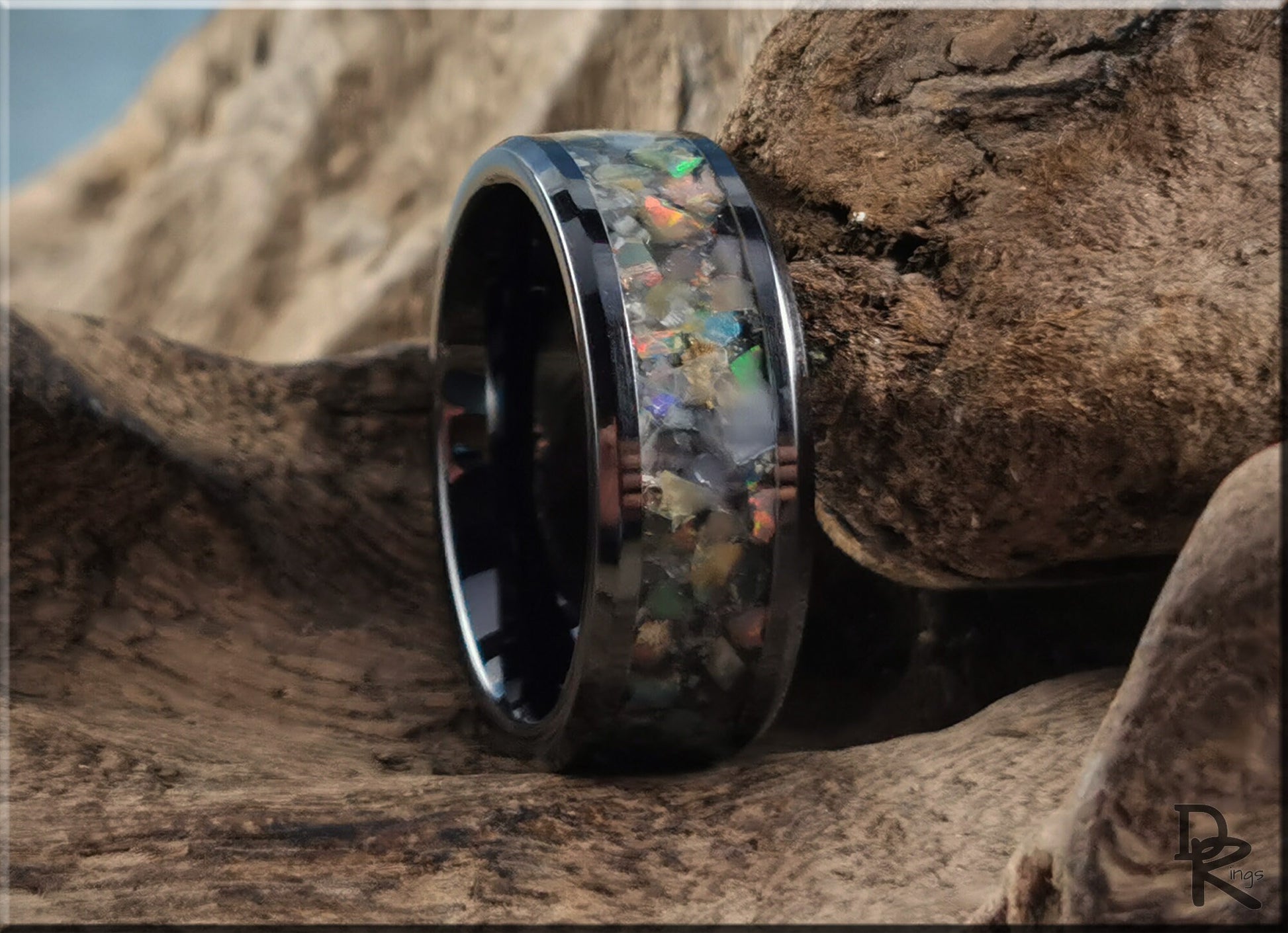 Polished Black Ceramic Channel Ring w/Moonstone and Ethiopian Welo Opal inlay - ceramic ring