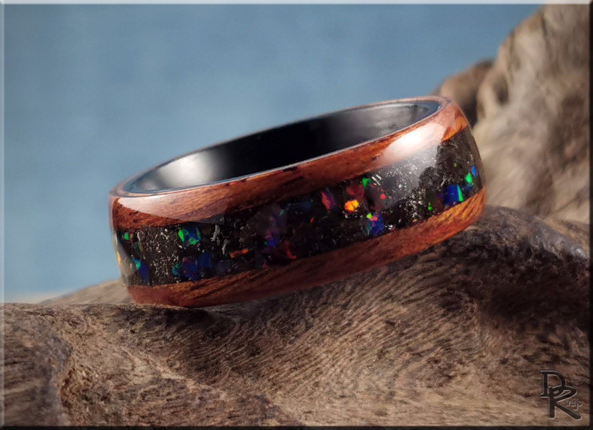 Bentwood Ring - Honduran Mahogany w\Munionalusta Meteorite and Opal inlay, on Carbon Fiber ring core - wood ring