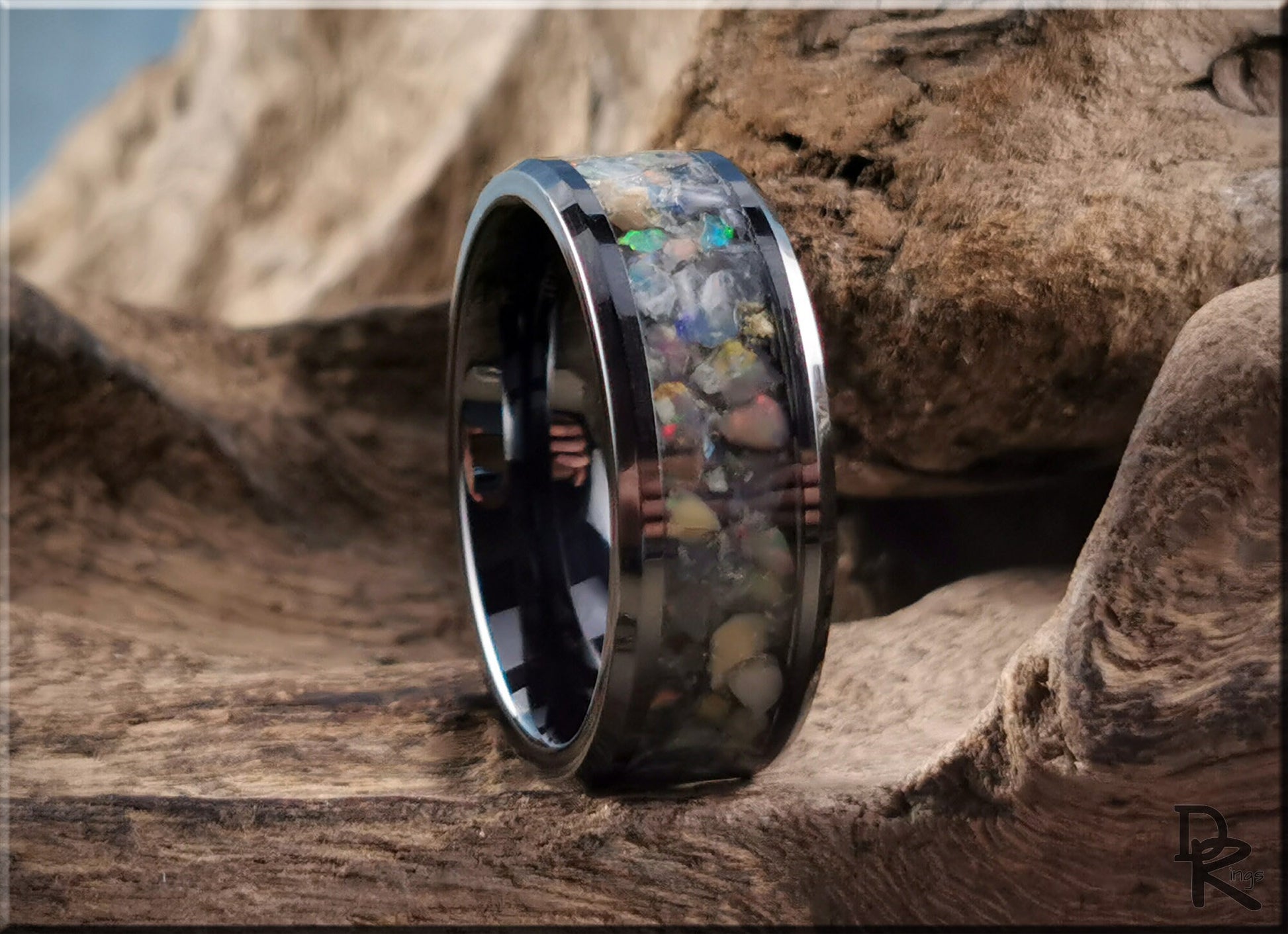 Polished Black Ceramic Channel Ring w/Moonstone and Ethiopian Welo Opal inlay - ceramic ring