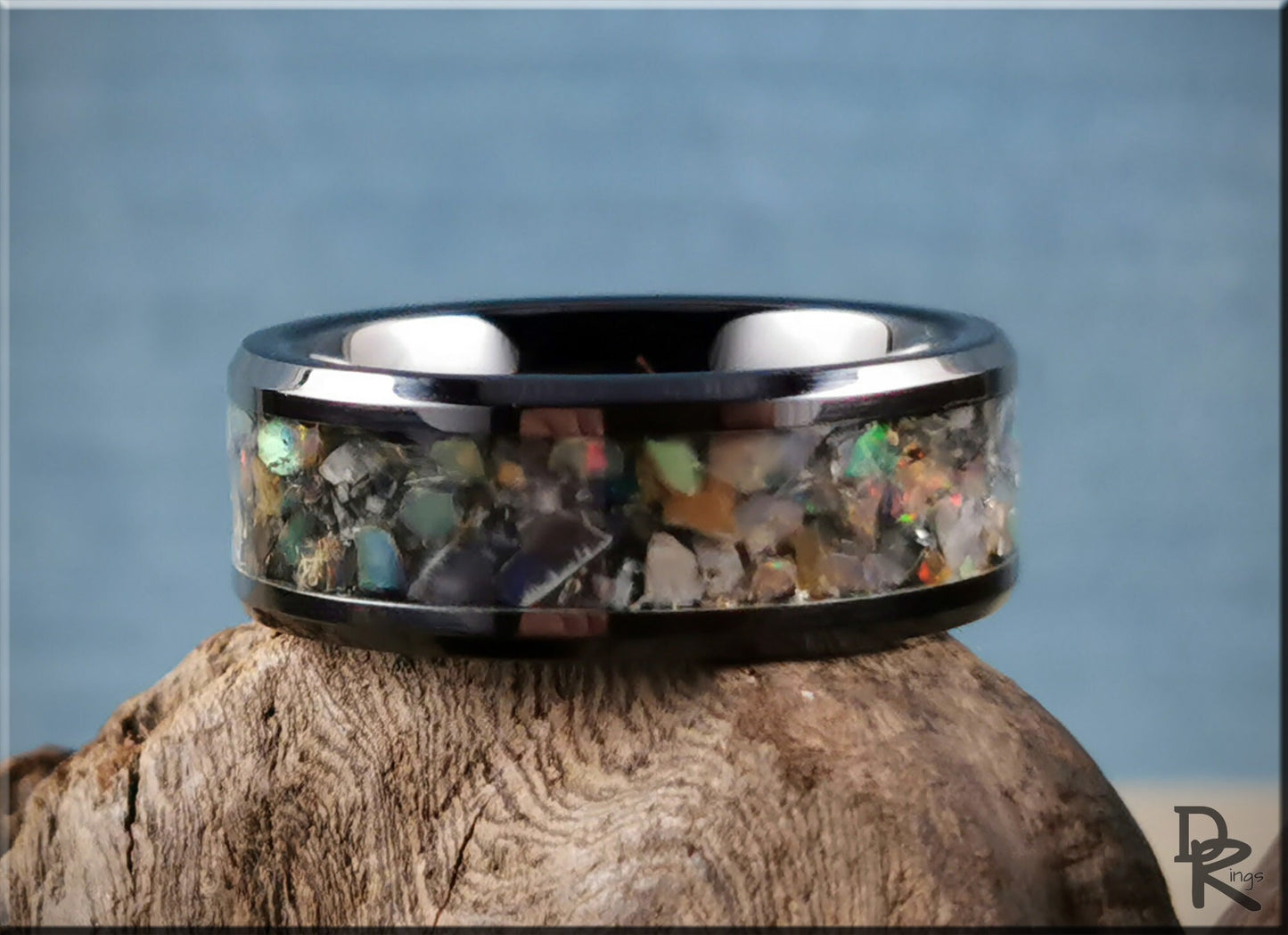 Polished Black Ceramic Channel Ring w/Moonstone and Ethiopian Welo Opal inlay - ceramic ring