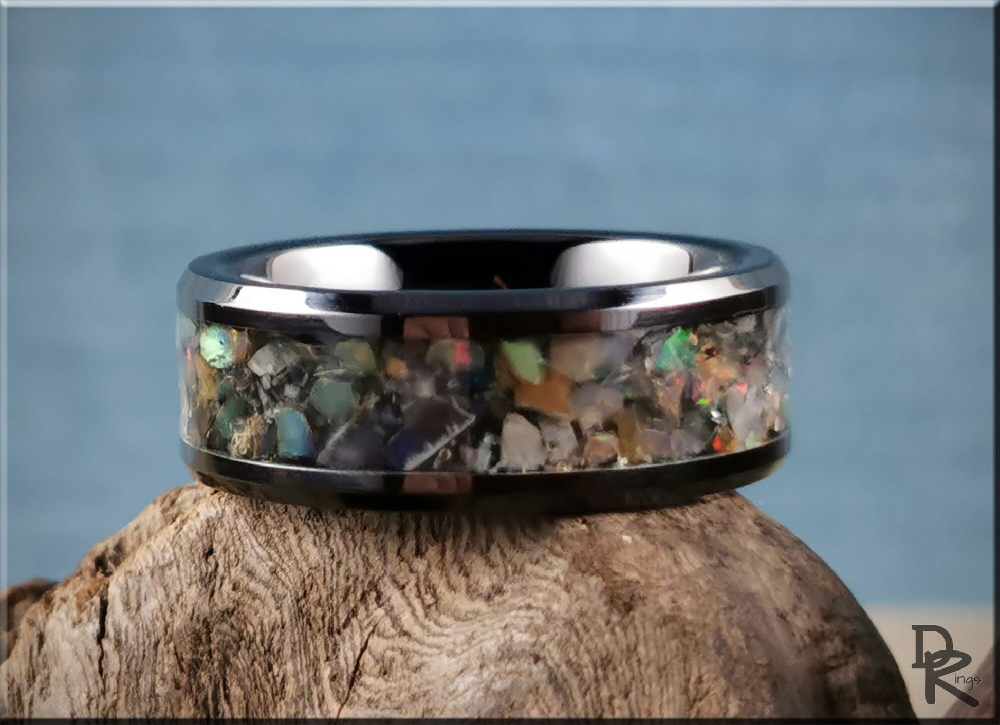 Polished Black Ceramic Channel Ring w/Moonstone and Ethiopian Welo Opal inlay - ceramic ring