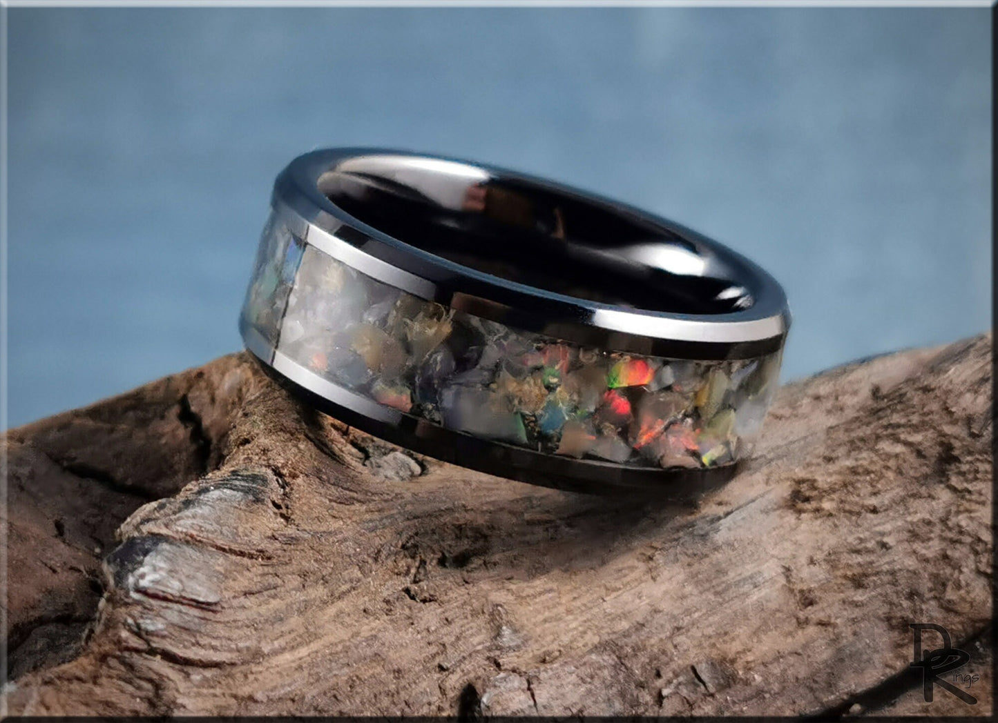 Polished Black Ceramic Channel Ring w/Moonstone and Ethiopian Welo Opal inlay - ceramic ring