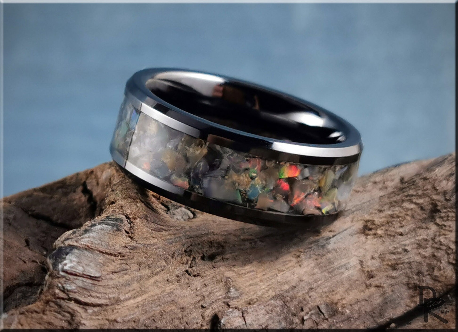 Polished Black Ceramic Channel Ring w/Moonstone and Ethiopian Welo Opal inlay - ceramic ring