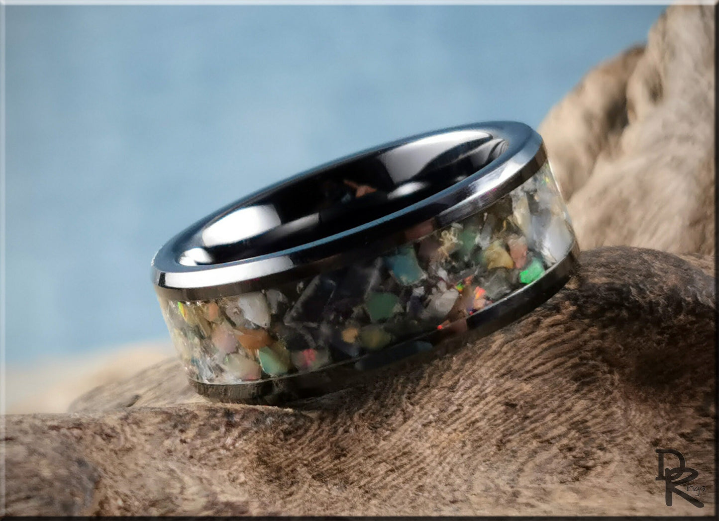 Polished Black Ceramic Channel Ring w/Moonstone and Ethiopian Welo Opal inlay - ceramic ring