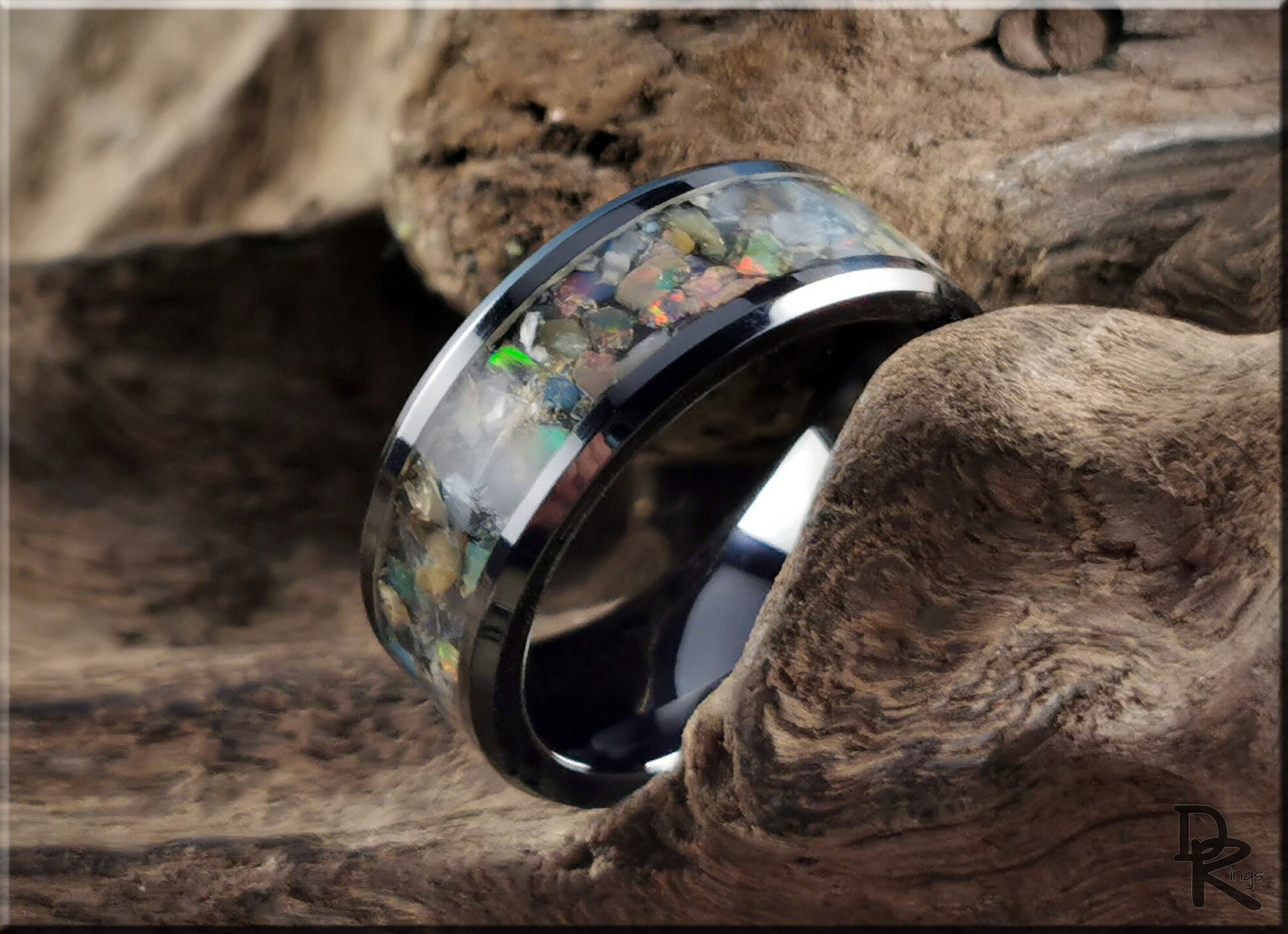 Polished Black Ceramic Channel Ring w/Moonstone and Ethiopian Welo Opal inlay - ceramic ring