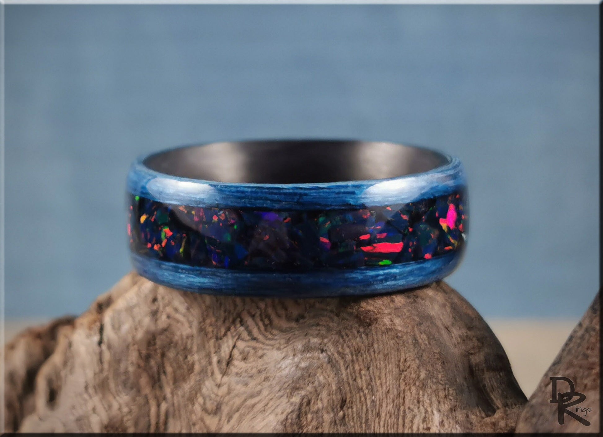 Bentwood Ring - Deep Blue Koto w/Night Indigo opal inlay on carbon fiber ring core - wood ring