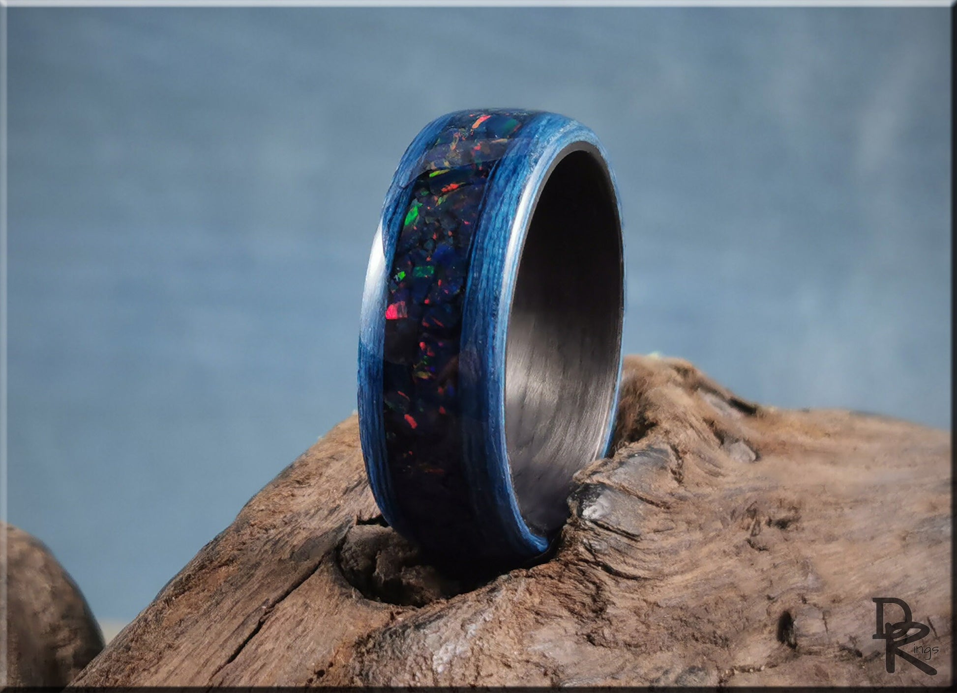 Bentwood Ring - Deep Blue Koto w/Night Indigo opal inlay on carbon fiber ring core - wood ring