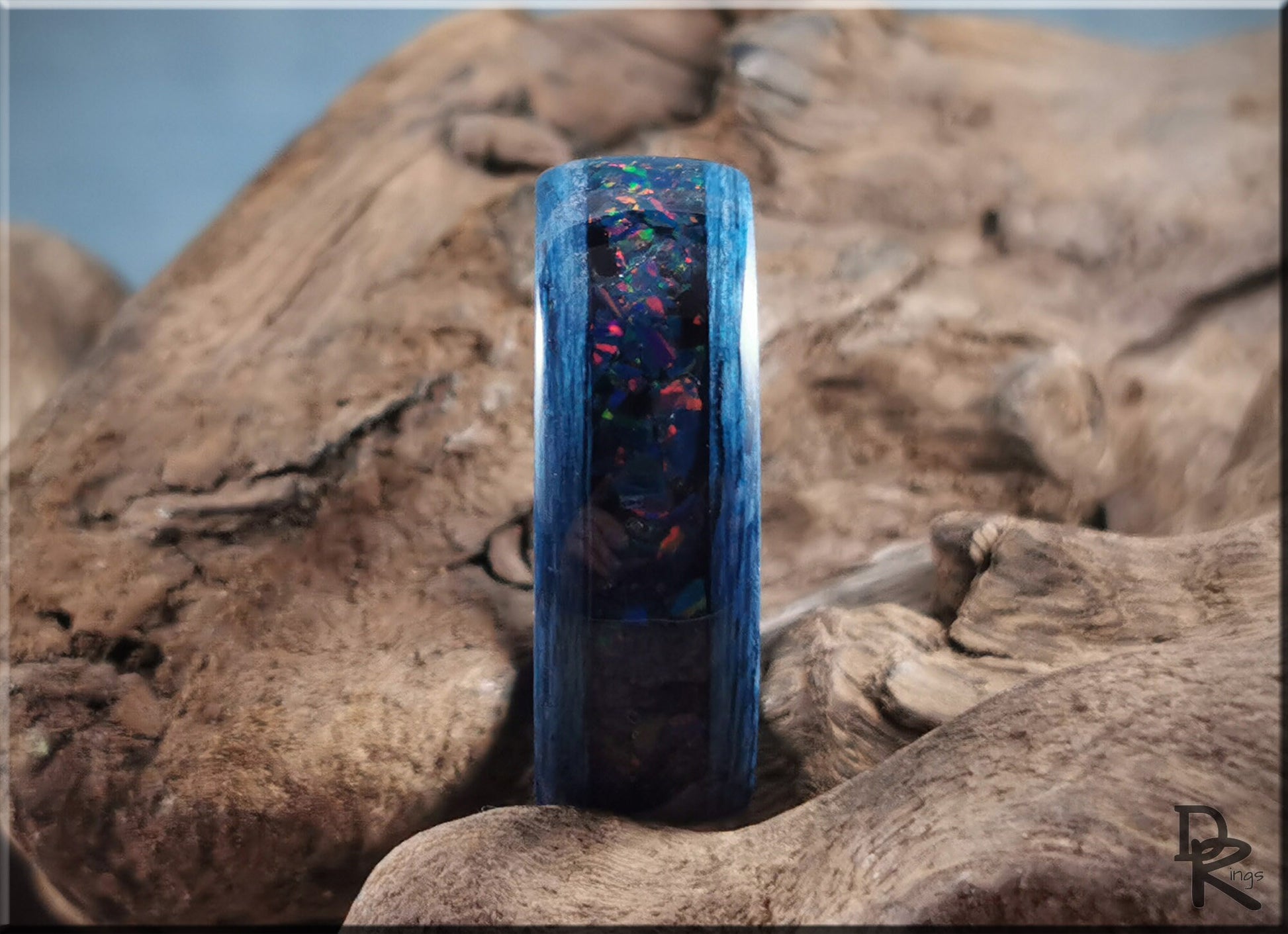 Bentwood Ring - Deep Blue Koto w/Night Indigo opal inlay on carbon fiber ring core - wood ring