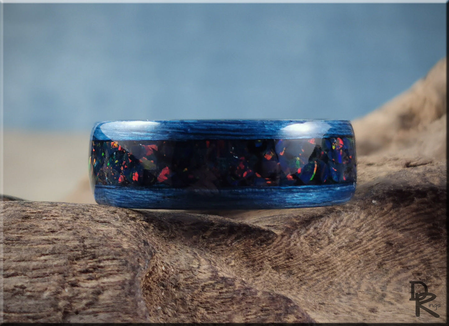 Bentwood Ring - Deep Blue Koto w/Night Indigo opal inlay on carbon fiber ring core - wood ring