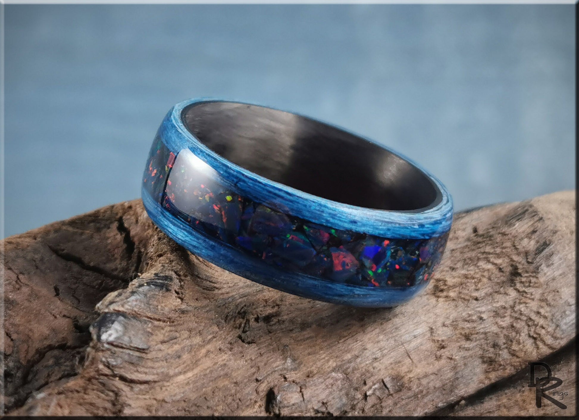 Bentwood Ring - Deep Blue Koto w/Night Indigo opal inlay on carbon fiber ring core - wood ring