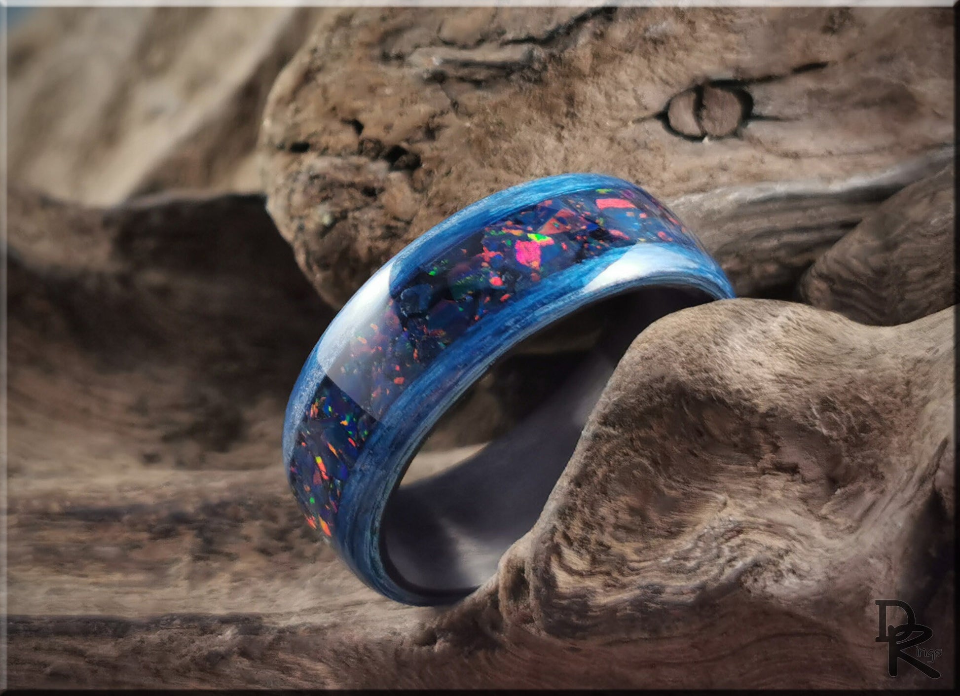 Bentwood Ring - Deep Blue Koto w/Night Indigo opal inlay on carbon fiber ring core - wood ring