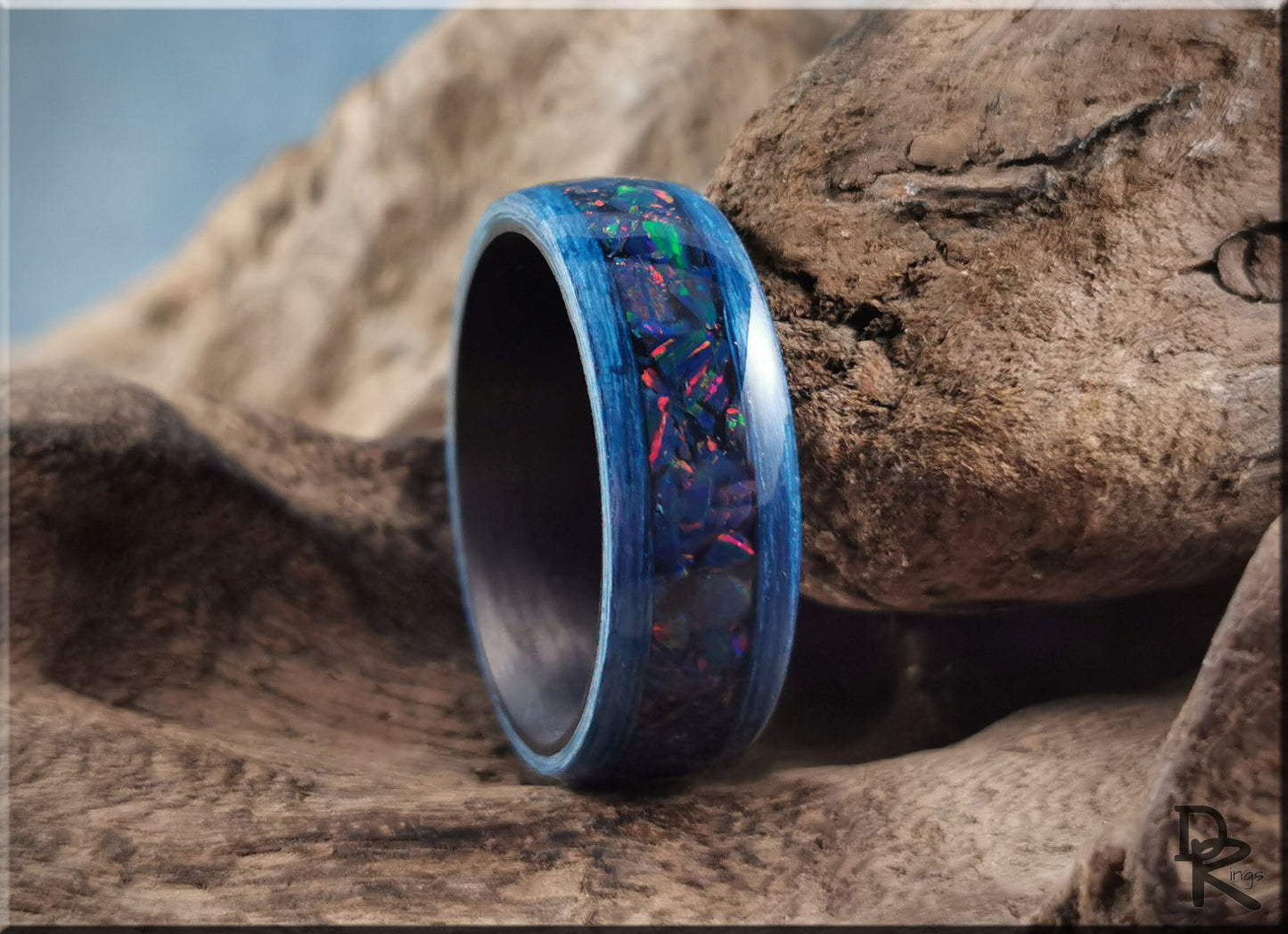 Bentwood Ring - Deep Blue Koto w/Night Indigo opal inlay on carbon fiber ring core - wood ring