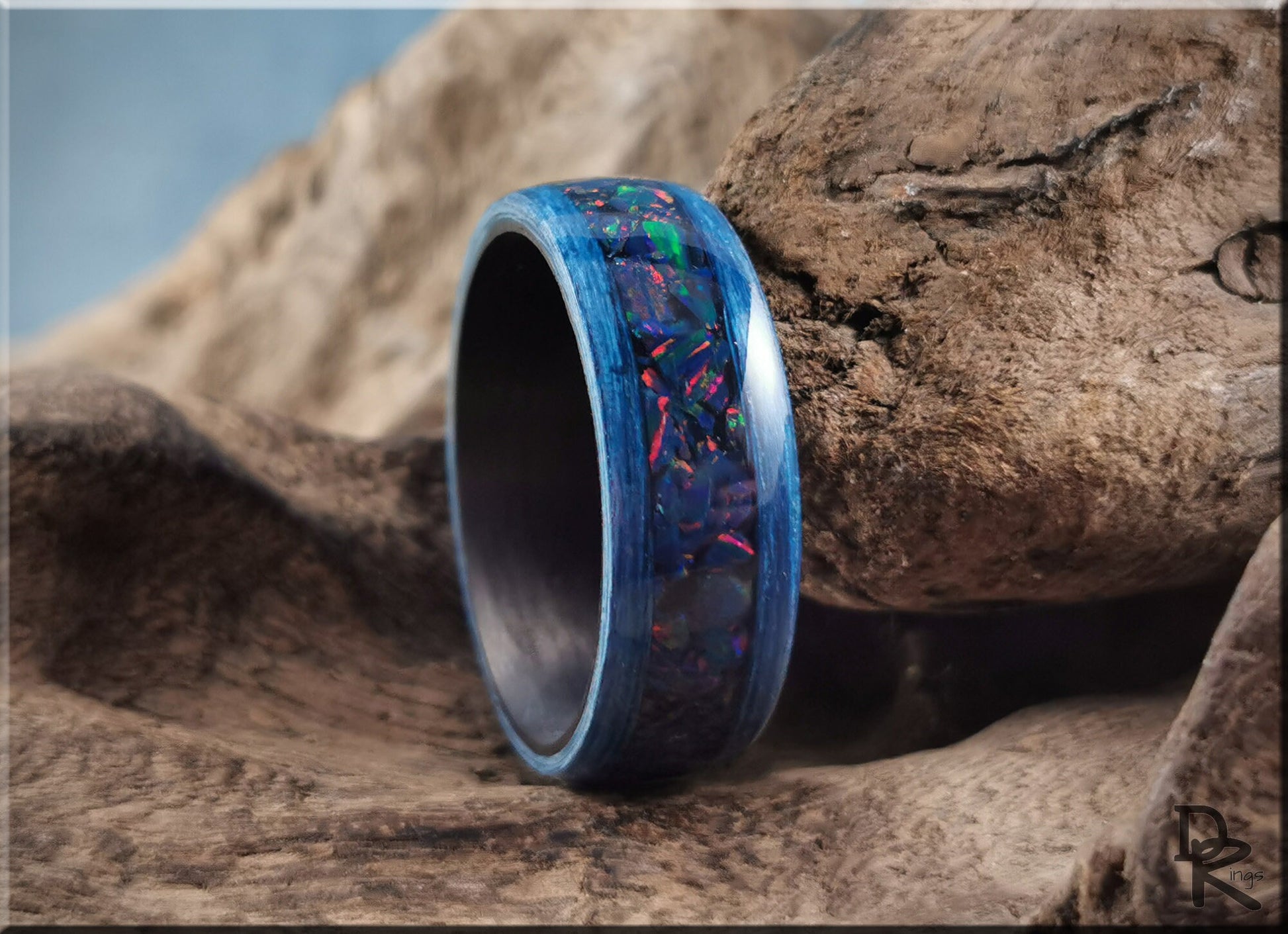 Bentwood Ring - Deep Blue Koto w/Night Indigo opal inlay on carbon fiber ring core - wood ring