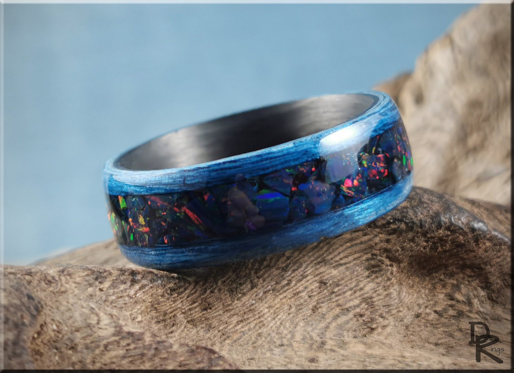 Bentwood Ring - Deep Blue Koto w/Night Indigo opal inlay on carbon fiber ring core - wood ring