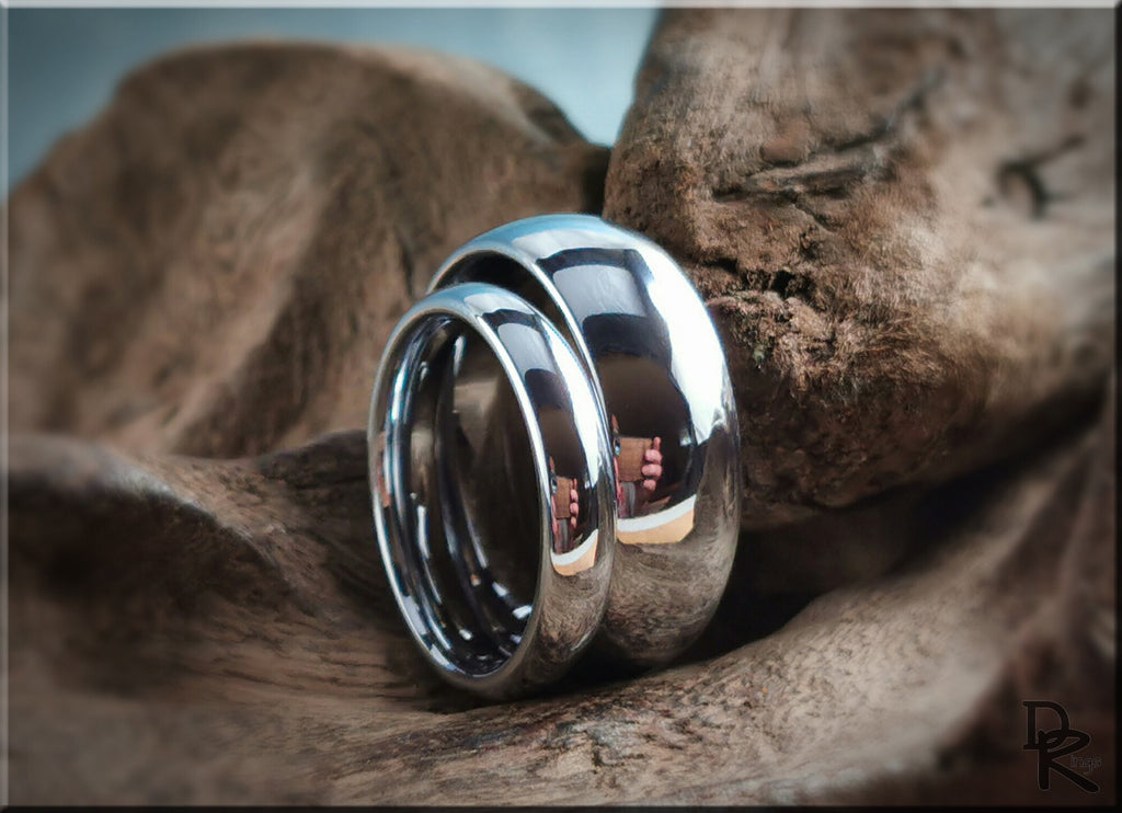 Polished Domed White Tungsten Carbide Ring Set - metal rings