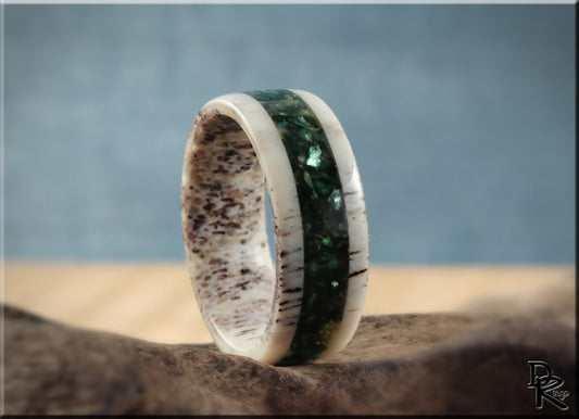 Deer Antler Channel Ring w/Green Mica Stone inlay - antler ring