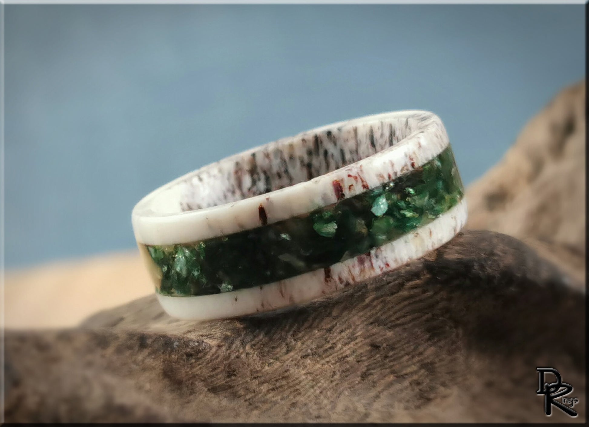 Deer Antler Channel Ring w/Green Mica Stone inlay - antler ring