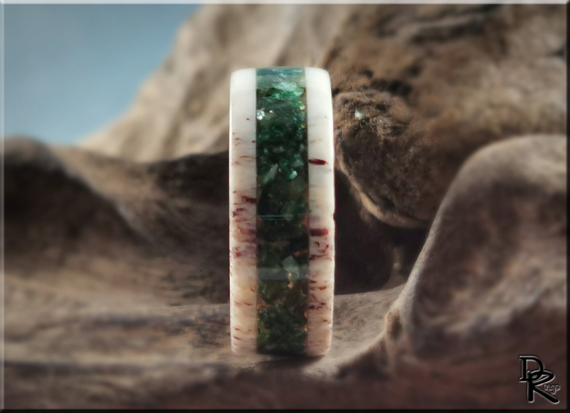 Deer Antler Channel Ring w/Green Mica Stone inlay - antler ring