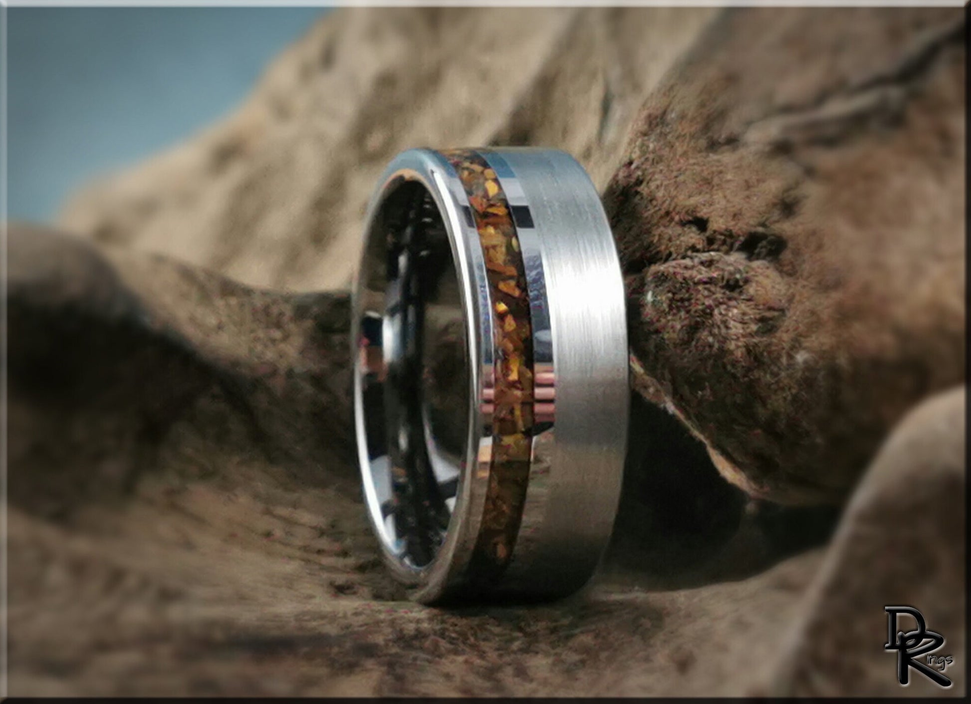 Tungsten Carbide Channel Ring w/offset Tiger's Eye stone inlay - metal ring