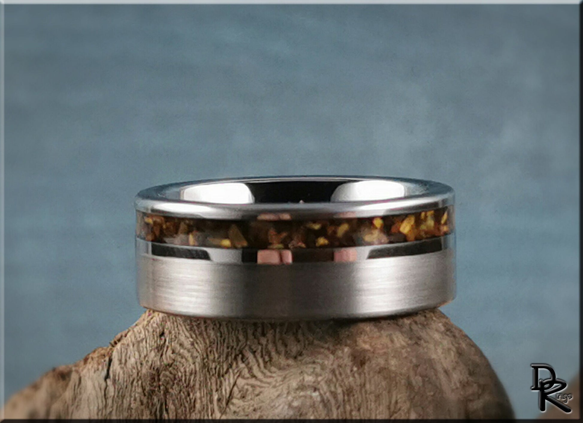 Tungsten Carbide Channel Ring w/offset Tiger's Eye stone inlay - metal ring