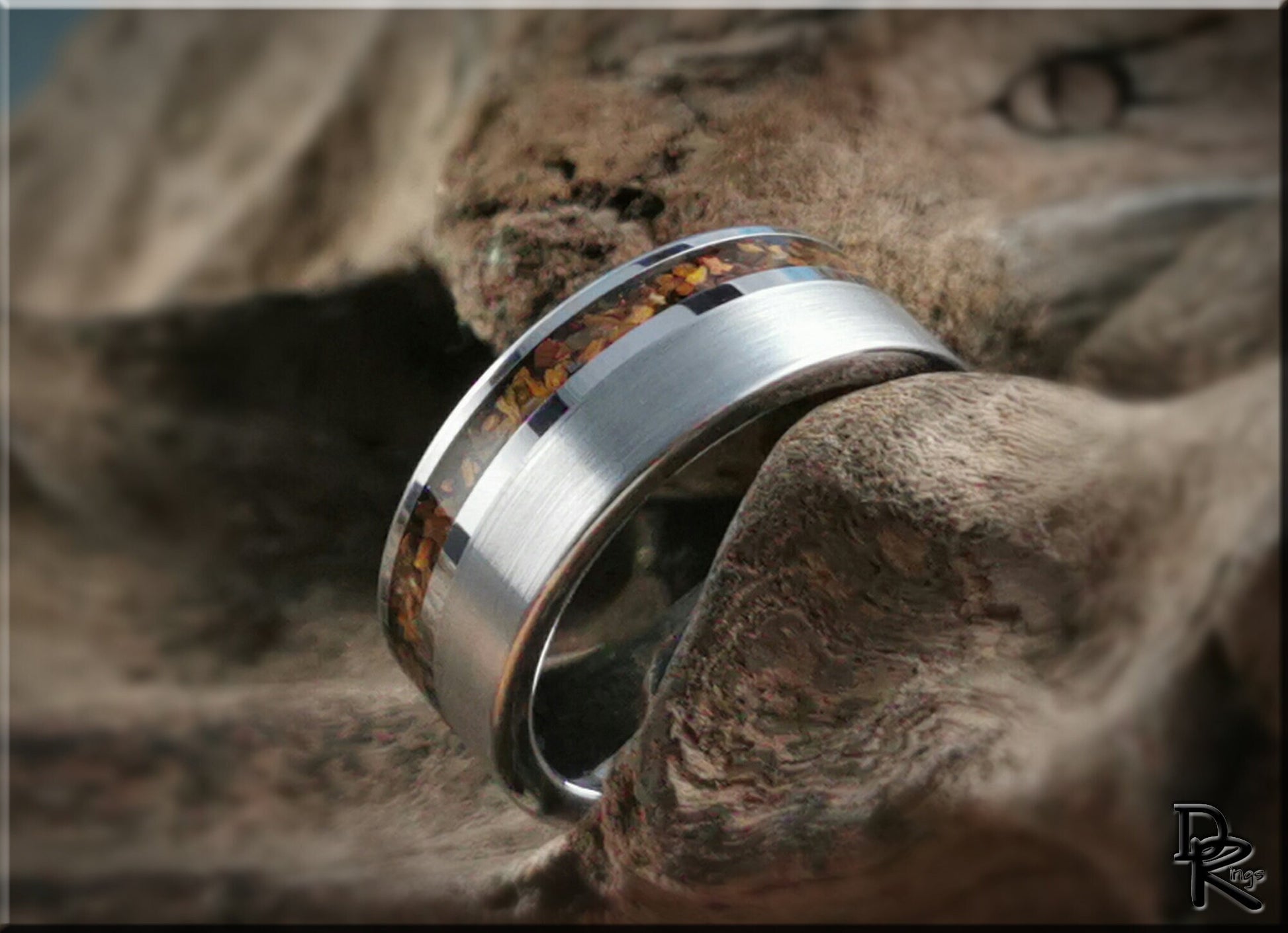 Tungsten Carbide Channel Ring w/offset Tiger's Eye stone inlay - metal ring