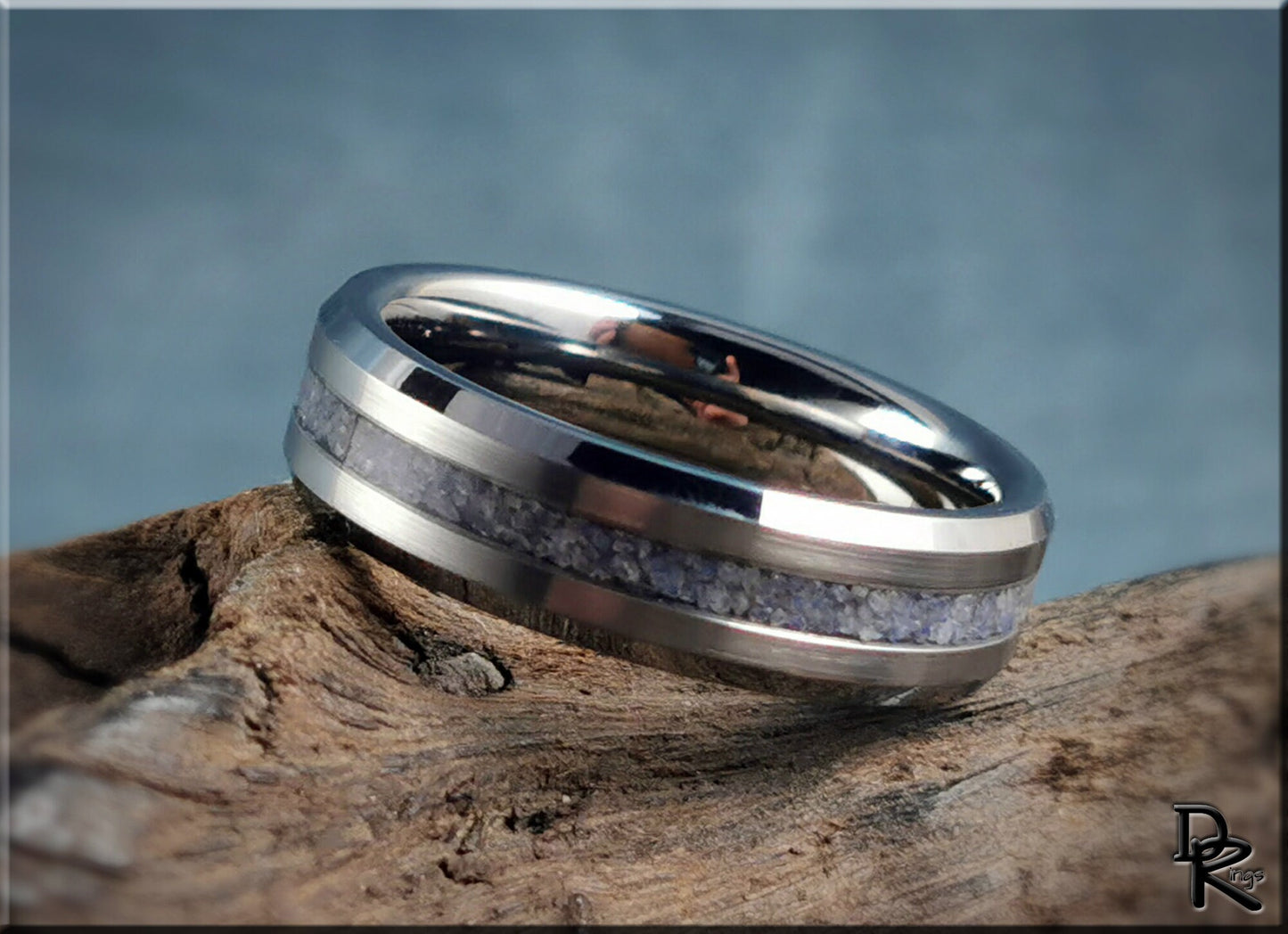 Thin Line Tungsten Carbide Channel Ring w/Blue Quartz stone inlay - metal ring